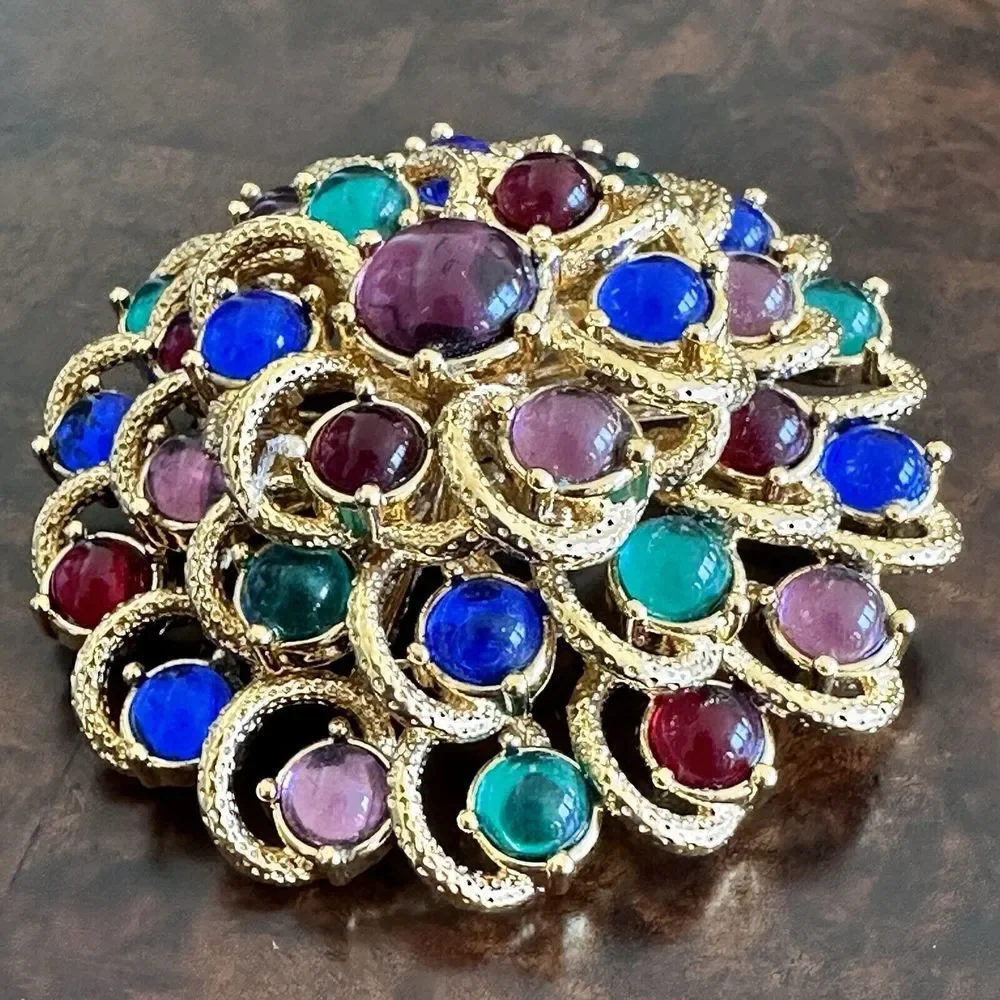 Monet Cluster Brooch 2.25 Inch Moghul Jewels Of India Gripoix Glass Gold‎ Plated